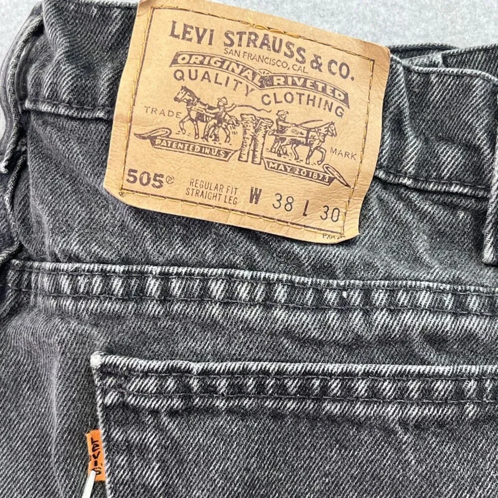 Levis Black Denim 505 Orange Tab Straight Leg Jeans 38x30 Vintage 90s Made USA